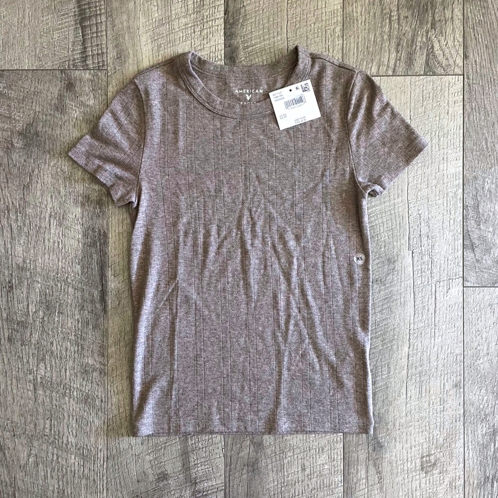 American Eagle Womens XS Heather Brown Pointelle Ribbed Short Sleeve T-Shirt NWT